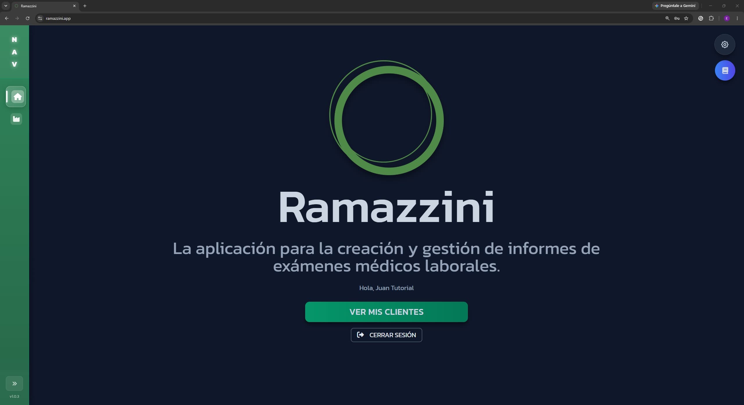 Inicio del sistema Ramazzini en modo oscuro